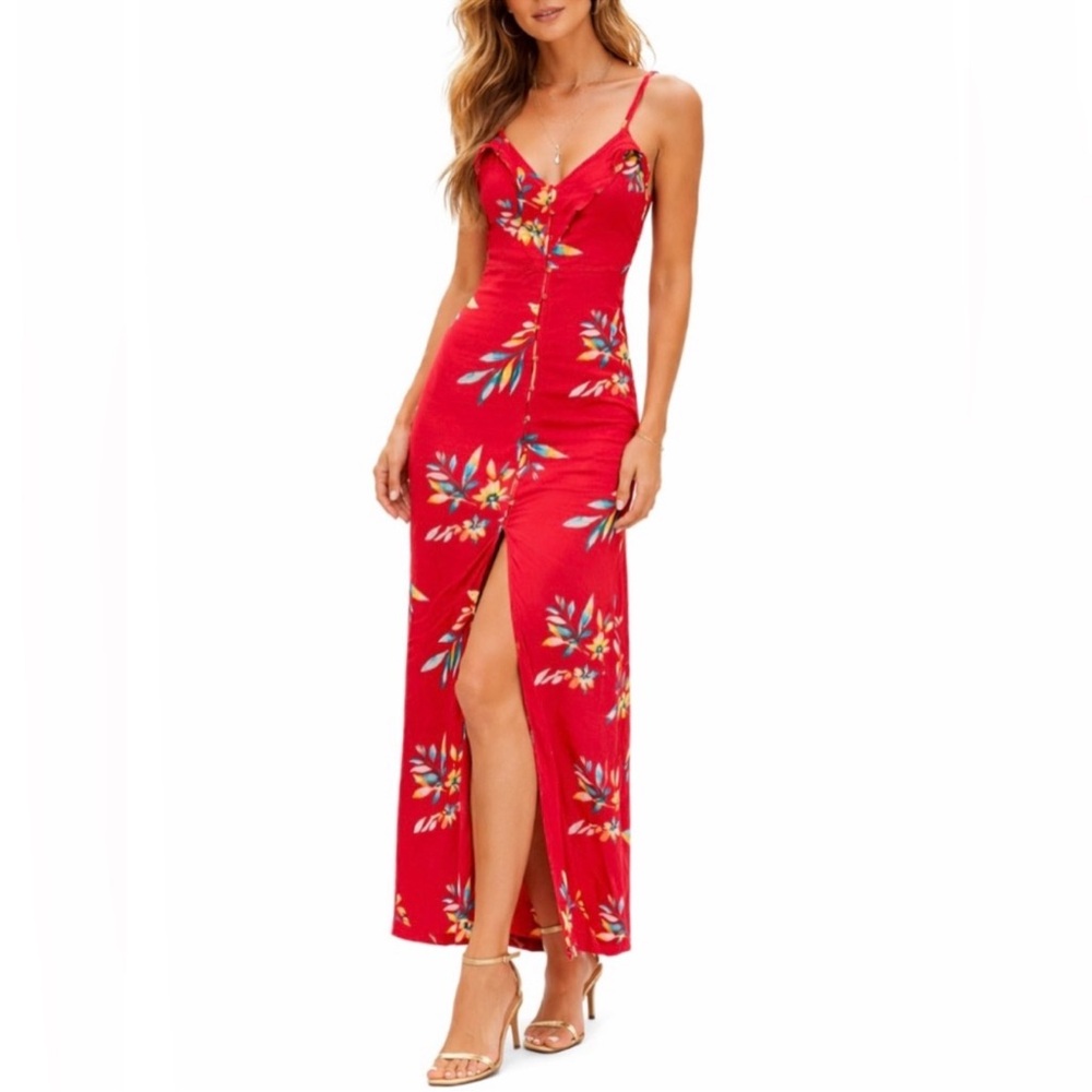 Express Red Tropical Floral Print Maxi Dress with Slit - Size XS